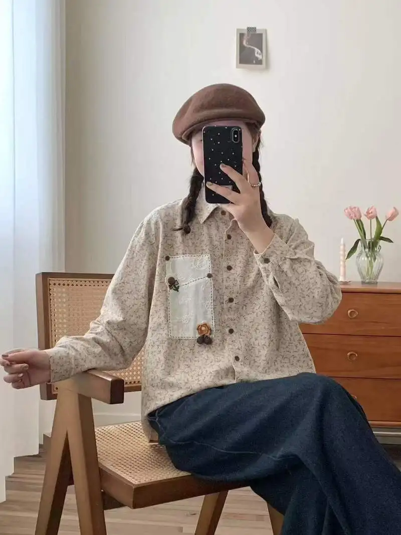 신상품 2025 겨울용 면 긴팔 브러시드 셔츠, 여성용 라펠 프린트 자수, 모리 걸 프레리 시크 루즈 블라우스 T5N556CC