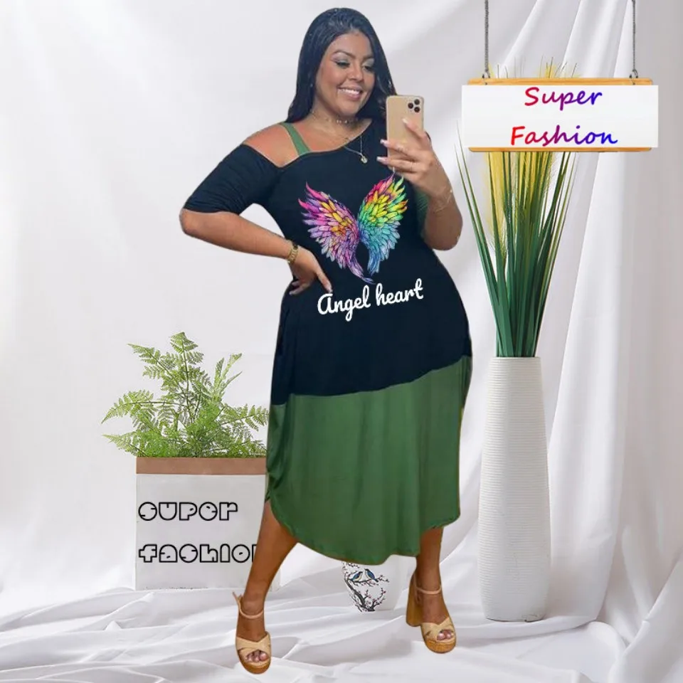 

WSFEC L-4XL Plus Size Dresses for Women Clothing 2023 Summer Short Sleeve Irregualr Patchwork Wing Pattern Casual Long Dress