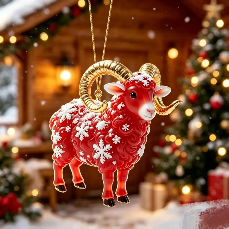 2D Acrylic Auspicious Chinese Zodiac Goat Hanging Ornament Red Gold Pattern for Shop Window Home Decor