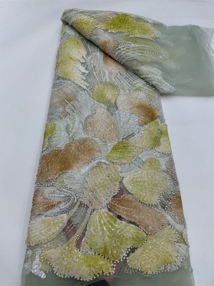 ผ้าลูกไม้ปักเลื่อมลายลูกปัดแอฟริกันแบบใหม่ ผ้าลูกปัด 3 มิติ ผ้าทูลล์ปักลาย ผ้าไนจีเรียสำหรับชุดงานแต่งงาน