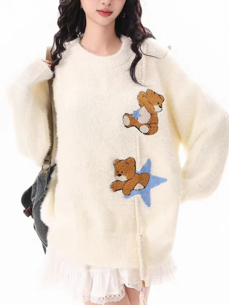 

Японский Y2k милый винтажный вязаный мягкий свитер женский свободный крой с длинным рукавом топы с мультяшным принтом повседневные элегантные плюшевые пуловеры