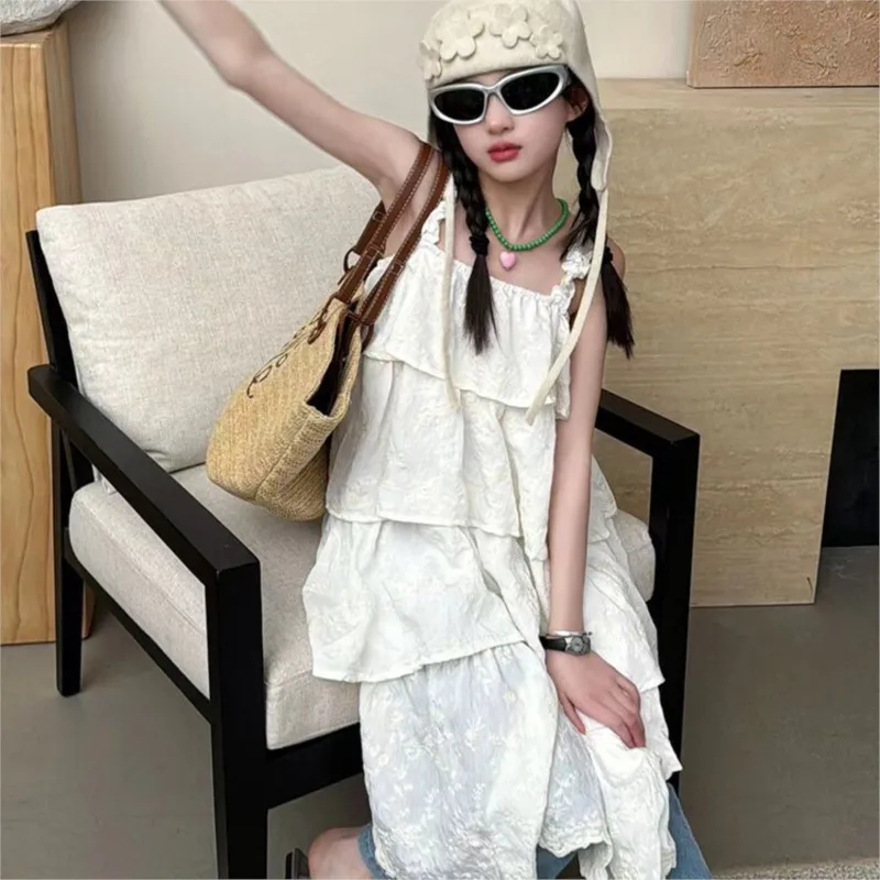 2024 Summer Teenager Girl 2PCS Clothes Set Children Girl Slip Dress Cake Dress+Jeans Flared Pants Sets Girls From 4-12 Years Old