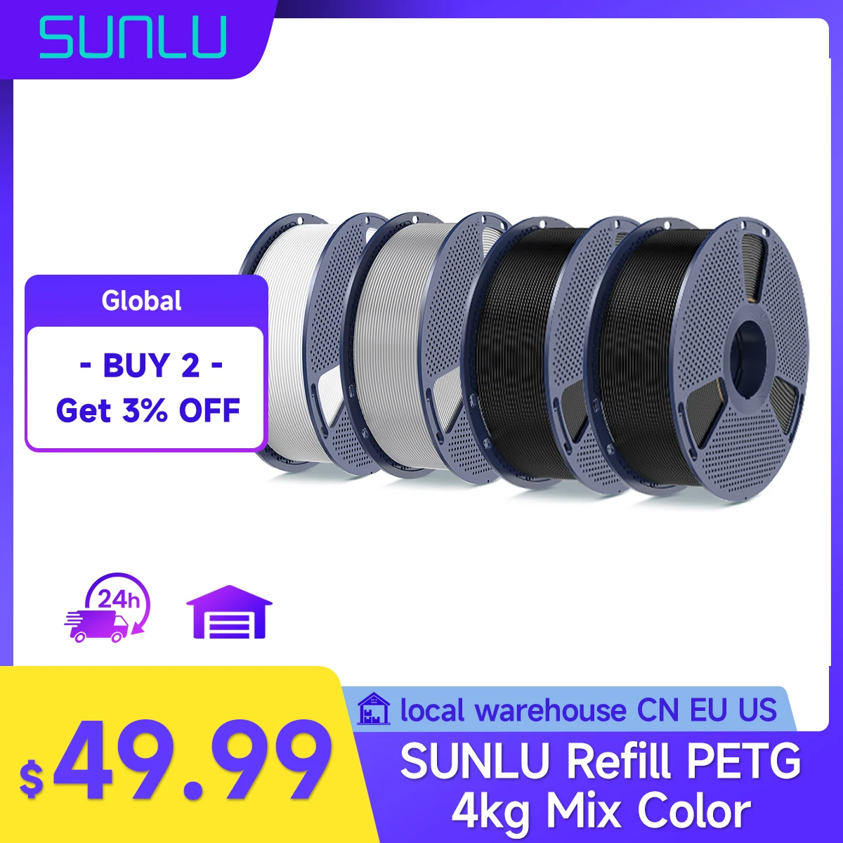 

SUNLU PETG нить смешанного цвета для 3D-принтера Bambu Lab/Creality/4 кг 1 катушка солнечная нить PLA/PETG/TPU/ABS дешевый черный, белый