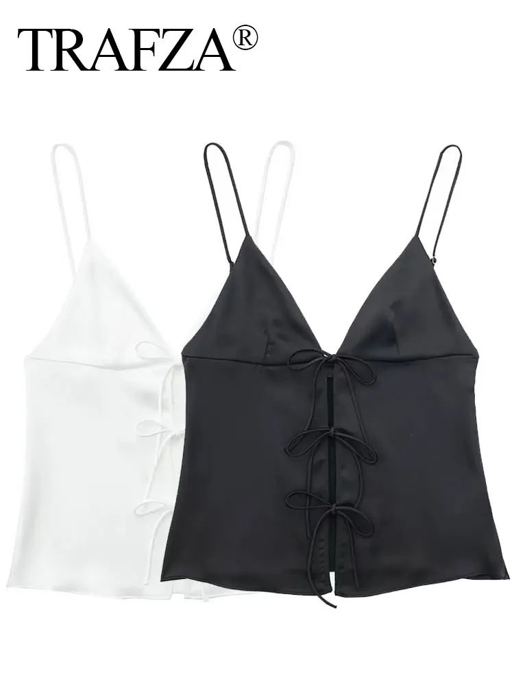 TRAFZA Women Front Bow Tie Top Elegant V Neck Solid Camis Sleeveless Backless Sexy Lady Straps Tanks Y2k Female Slim Crop Tops