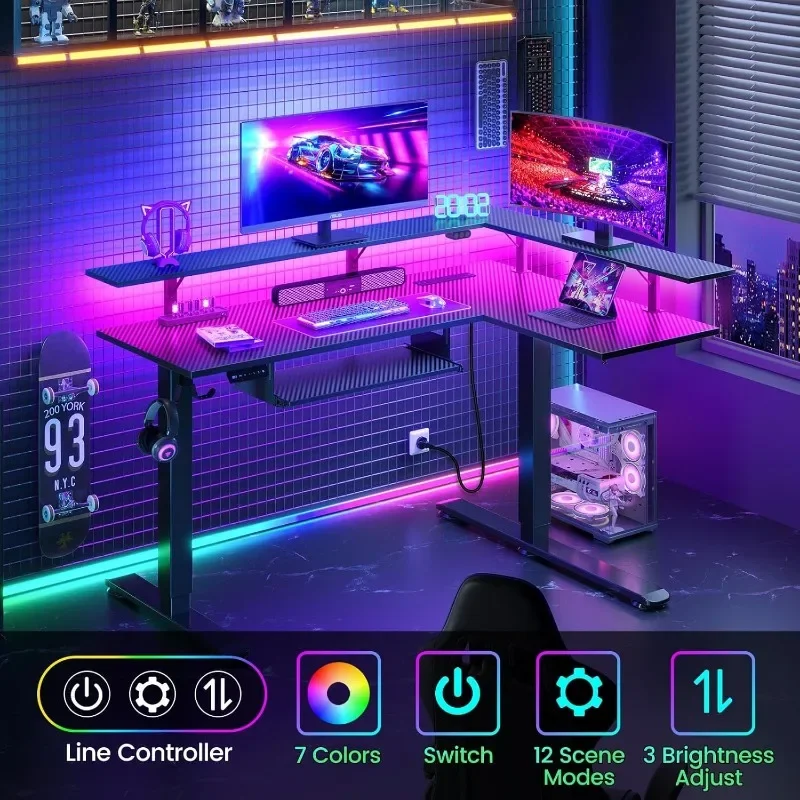 L-shaped Standing Desk with LED Lights and Power Outlets, Dual Motor Height Adjustable, Monitor Stand and Keyboard Tray