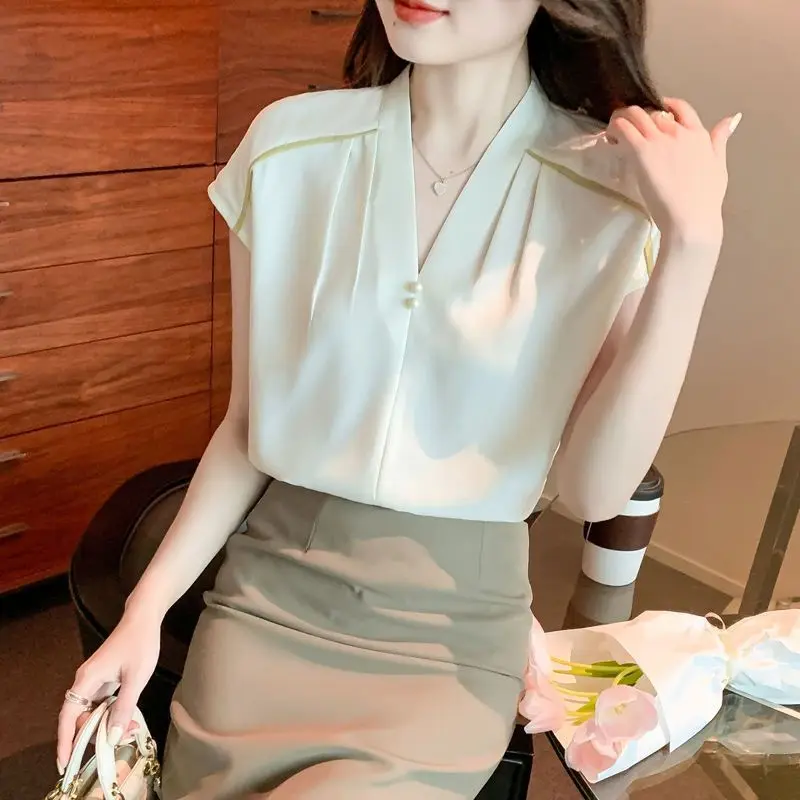 

Minimalist V-neck Chiffon Blouses Women's Summer New Fashion Patchwork Ruched Beading Loose Solid Pullover Short Sleeve Shirts