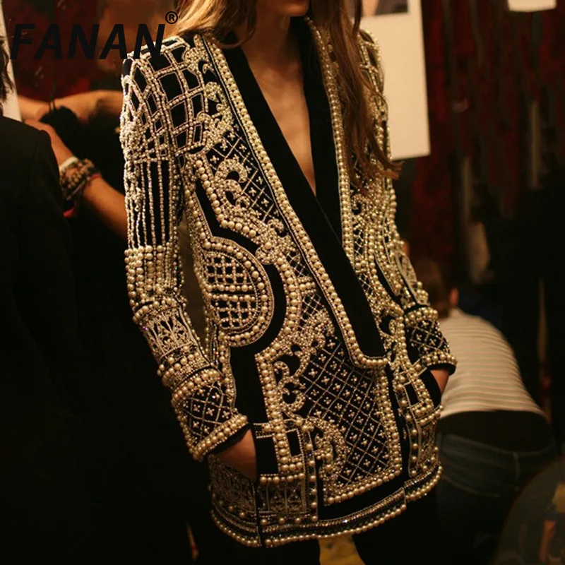 

FANAN High End Pearl Print Design Blazers For Women V Neck Single Breasted Office Lady Fit Jackets Elegant 2025 Autumn New