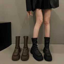 Thick Sole Stacked Boots for Women New Fashion Brown Black Short Boots Wrinkled Leather Platform Casual Botines Chelsea Shoes