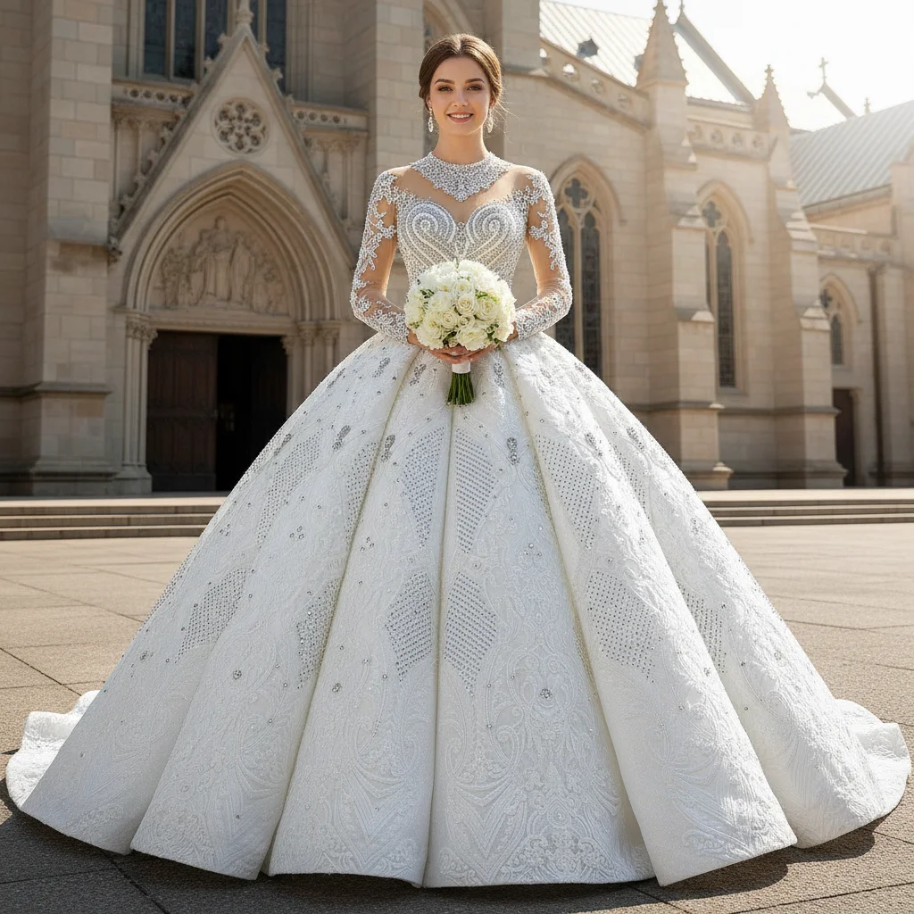 

Rosymae High Neck Bridal Gown Luxury Sparkly Modest Wedding Dress robes de mariée