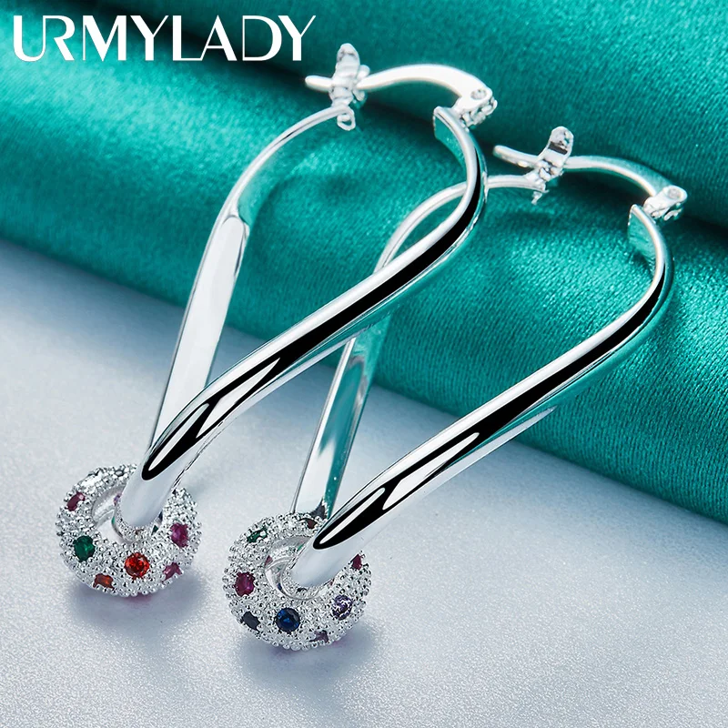 URMYLADY 925 Sterling Silver Water Drop Ball Multicolor Zircon Earrings Ear Loops for Women Charm Wedding Fashion Party Jewelry