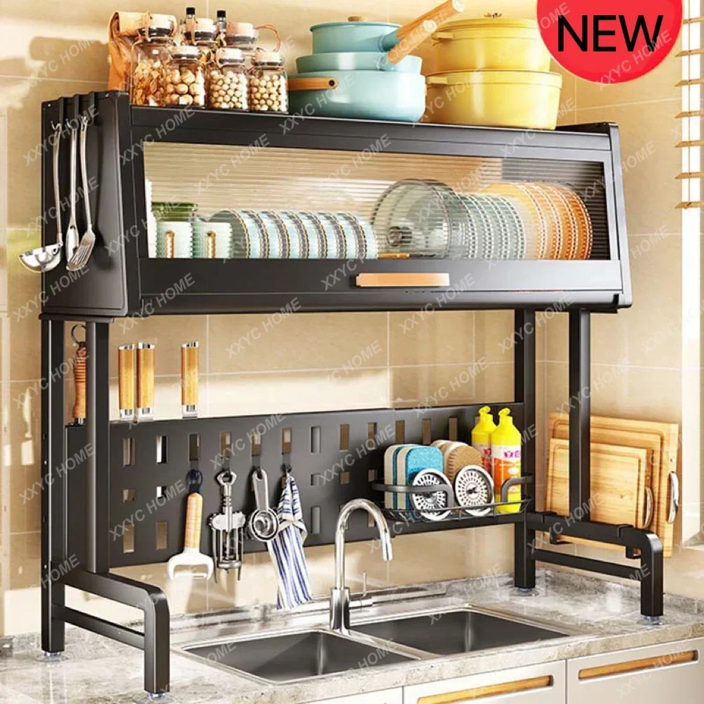 New Multifunctional Expandable Over Sink Dish Drainer Drying Rack with Door Countertop Telescoping Dish Storage Rack for Kitchen