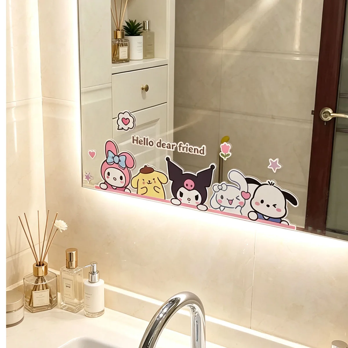 Sanrio Waterproof Removable Stickers: Suitable for bathroom mirror cabinets, car doors, and windows; designed to cover scratches
