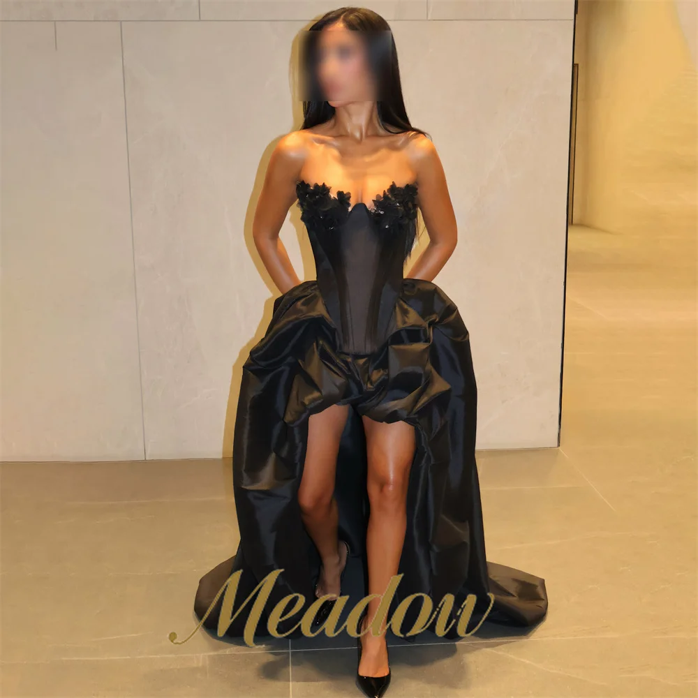 Meadow Black Long Train Formal Occasion Dresses 3D Floral on Bust Evening Gown Strapless Prom Evening Dresses Customizable