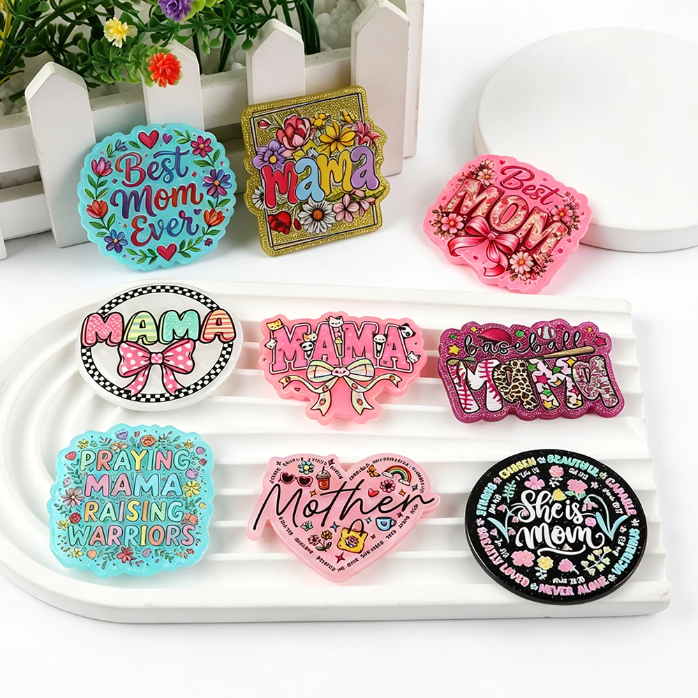 6PCS MOM Mother Text Acrylic Resin Planars Glitter Powder Handmade Materials for DIY Card Cover Patch Refrigerator Magnet