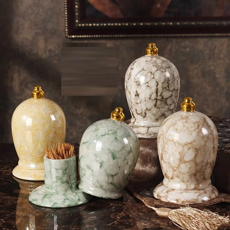 

European style toothpick tube, high-end creative ceramic cotton swab box, living room hotel, marble patterned toothpick can, cot
