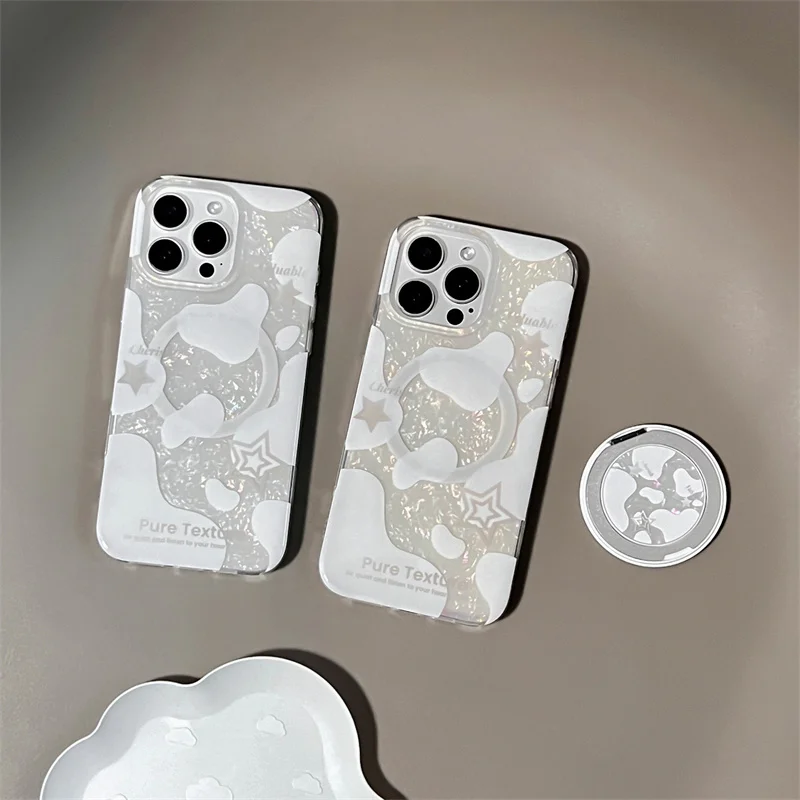 

Cartoon Cute white Cow print Phone Case For iPhone 16 Pro 12 14 13 15 11 Pro Max Cover Cute Ring Stand Cartoon Shockproof Cases
