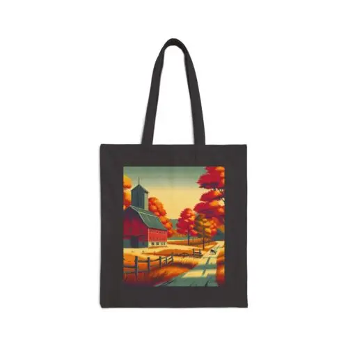 Polarshe Cotton Canvas Tote Bag Fall Country Scene with Barn Design 10, Gift, Everyday