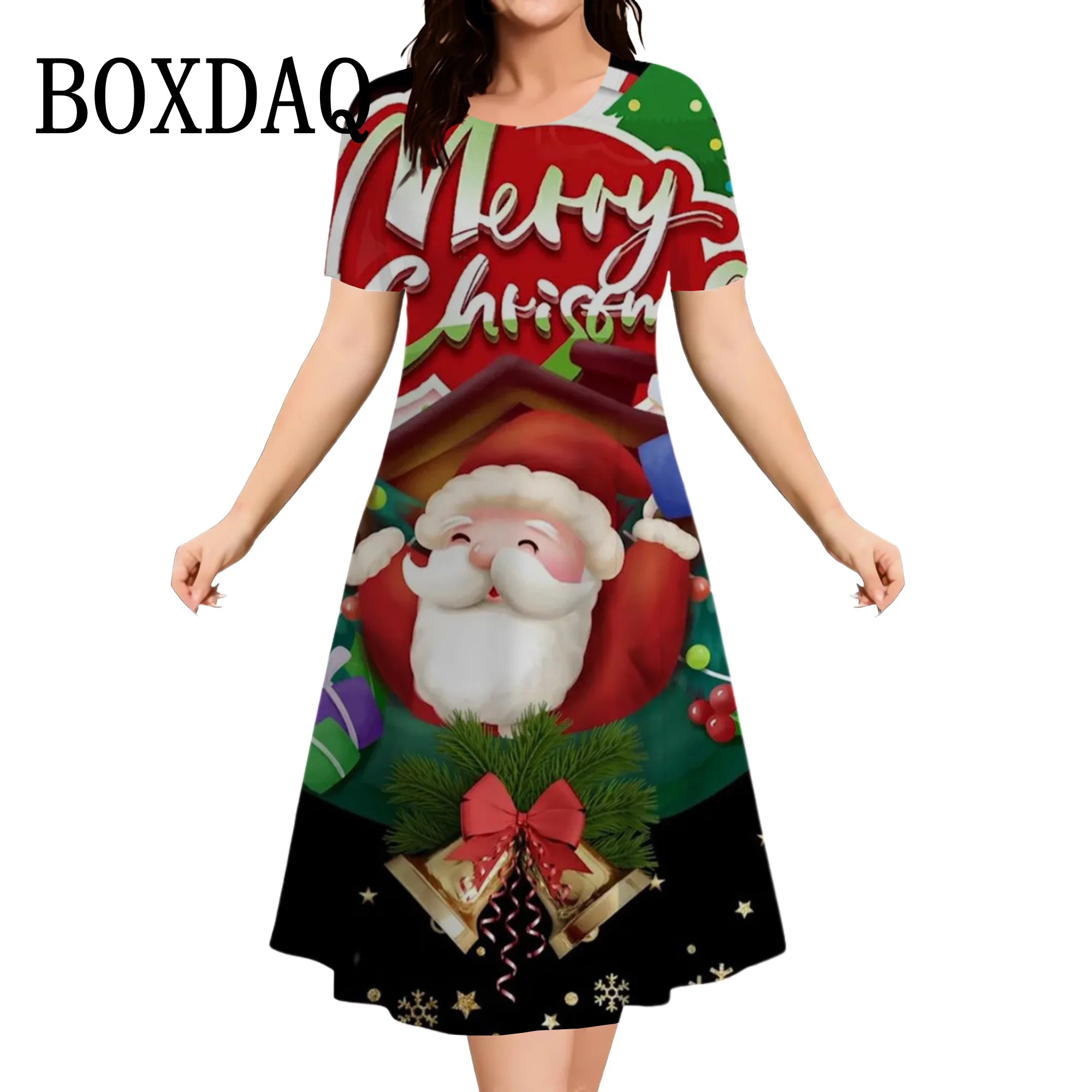 Sweet Cute Women Christmas Party Dresses Cartoon Santa Claus Print A-Line Dress Streetwear Casual Short Sleeve Mini Loose Dress