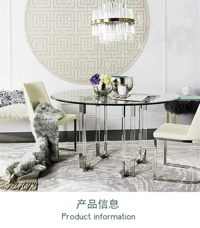 شقة صغيرة طاولة طعام زجاجية من القرون الوسطى، طاولة تفاوض شفافة من الفولاذ المقاوم للصدأ طاولة قهوة منزلية مستديرة عصرية #5