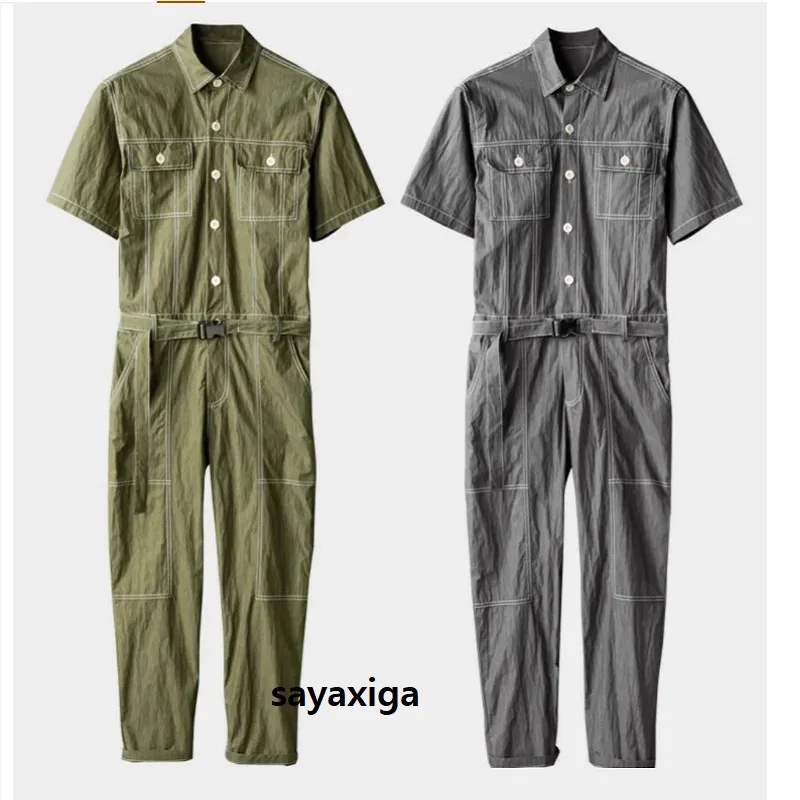 

Vintage Japan Casual Overalls for Men 100% Cotton Spring Summer Jumpsuits Bib Pants Youth Male Loose Workwear belt Streetwear