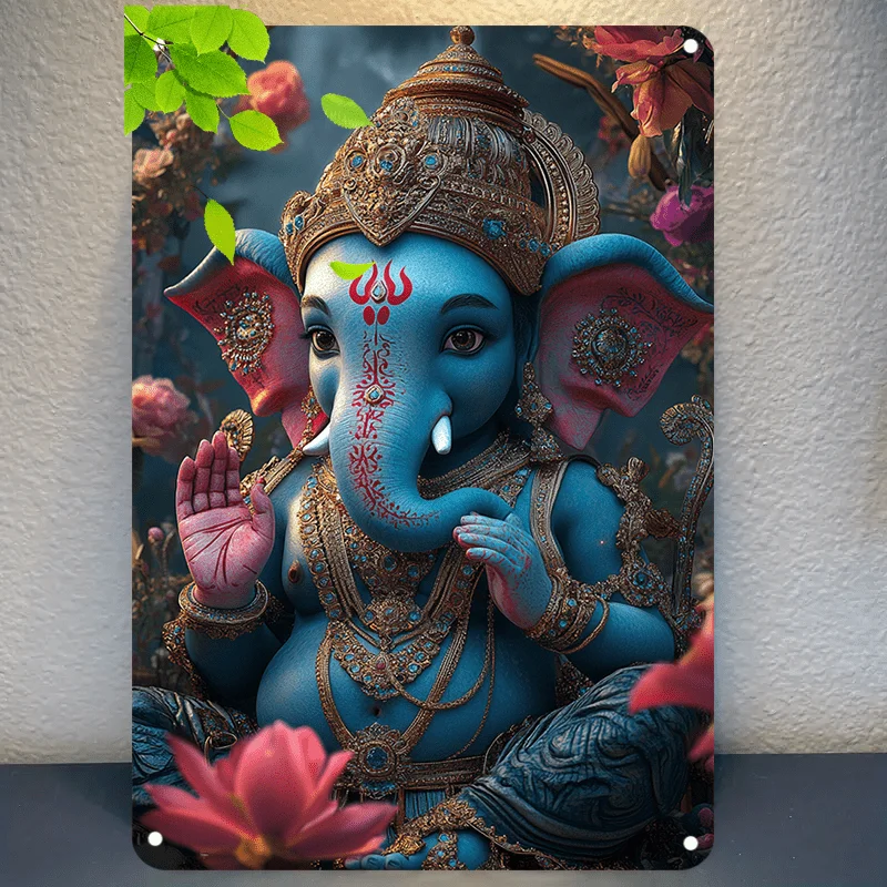 

1pc Enchanting Ganesha Metal Art Print on Aluminum Sign - Vibrant Hindu Deity Wallpaper with Lotus & Floral Design for Home