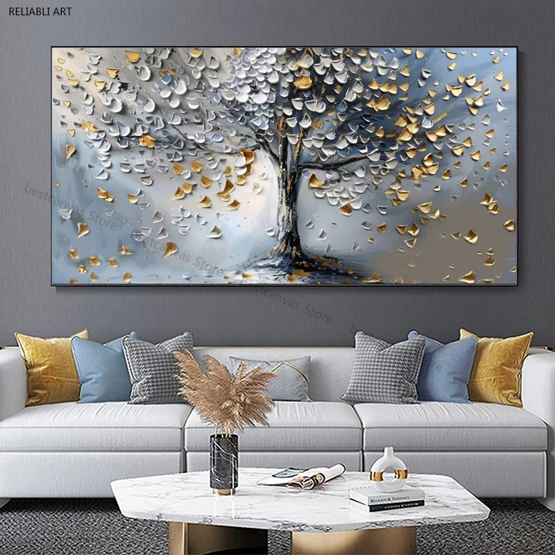 

3d Oil Painting Of A Silver And Gold Textured Tree On Canvas,Wall Art Modern Living Room Home Decor,Unframed Paintings