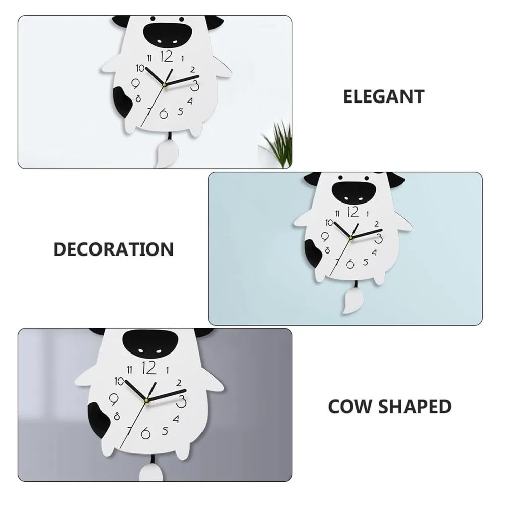Cartoon Cow Acrylic Wall Clock Silent Movement Swing Tail Pendulum Decorative Wall Clock Non-Ticking Design 10.24X14.57in