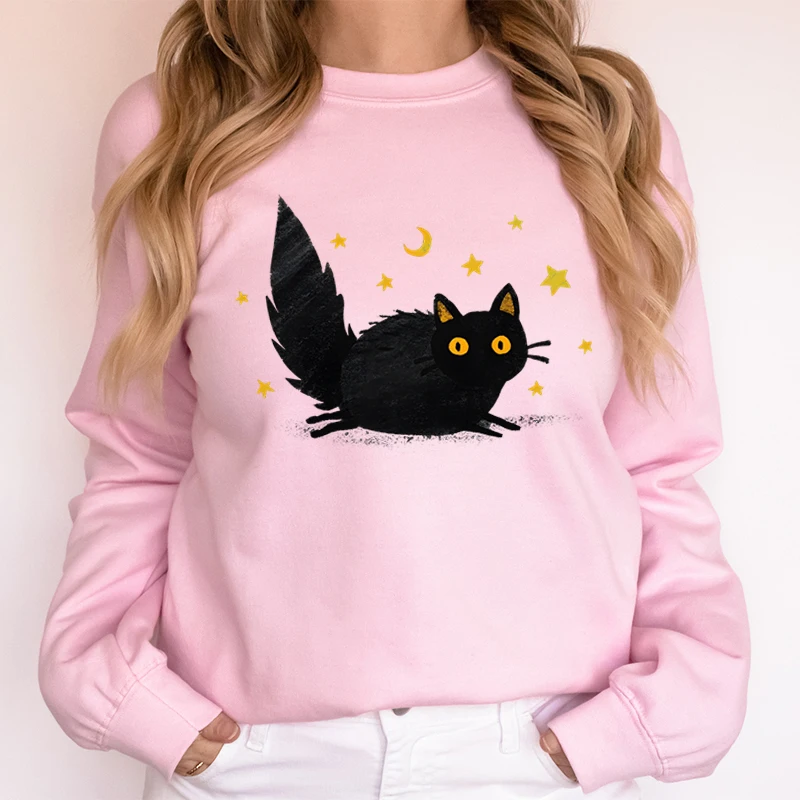 Felpa da donna alla moda con grafica gatto stelle e luna, occhi gialli, soffice gatto nero, tendenza, abbigliamento per ragazze, maglione gattino cartone animato