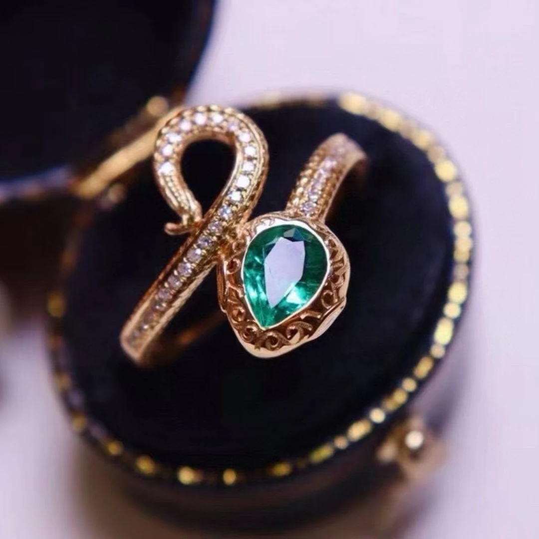 Fine Jewelry Natural Emerald Snake-shaped Women's Ring S925 Pure Silver Electroplating Process Inlaid Gems Support Testing