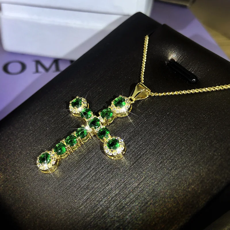 2022 NEW Luxurious Cross Emerald Pendant Necklace Women's silver plate Grade Green Zircon Lady Birthday Cocktail Gift Jewelry