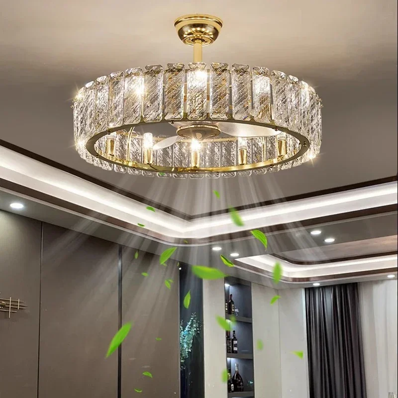 Modern Living Room Chandeliers K9 Crystal Dimmable Ceiling Fan Lamp Nordic Silent Fan Light Fixtures Lighting Luminarias Lustres