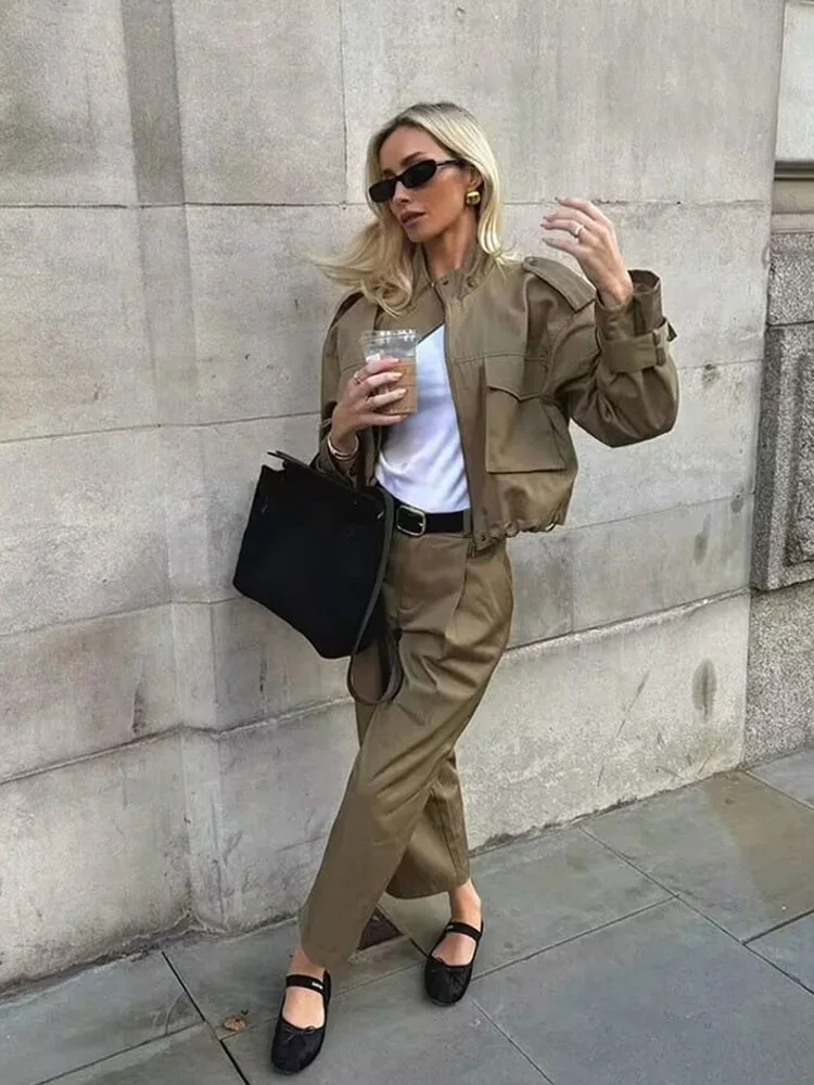 HH Set da 2 pezzi da donna Bottoni tascabili alla moda Decorano giacca a maniche lunghe Cappotto + Pantaloni larghi casual a gamba larga con cerniera a vita alta