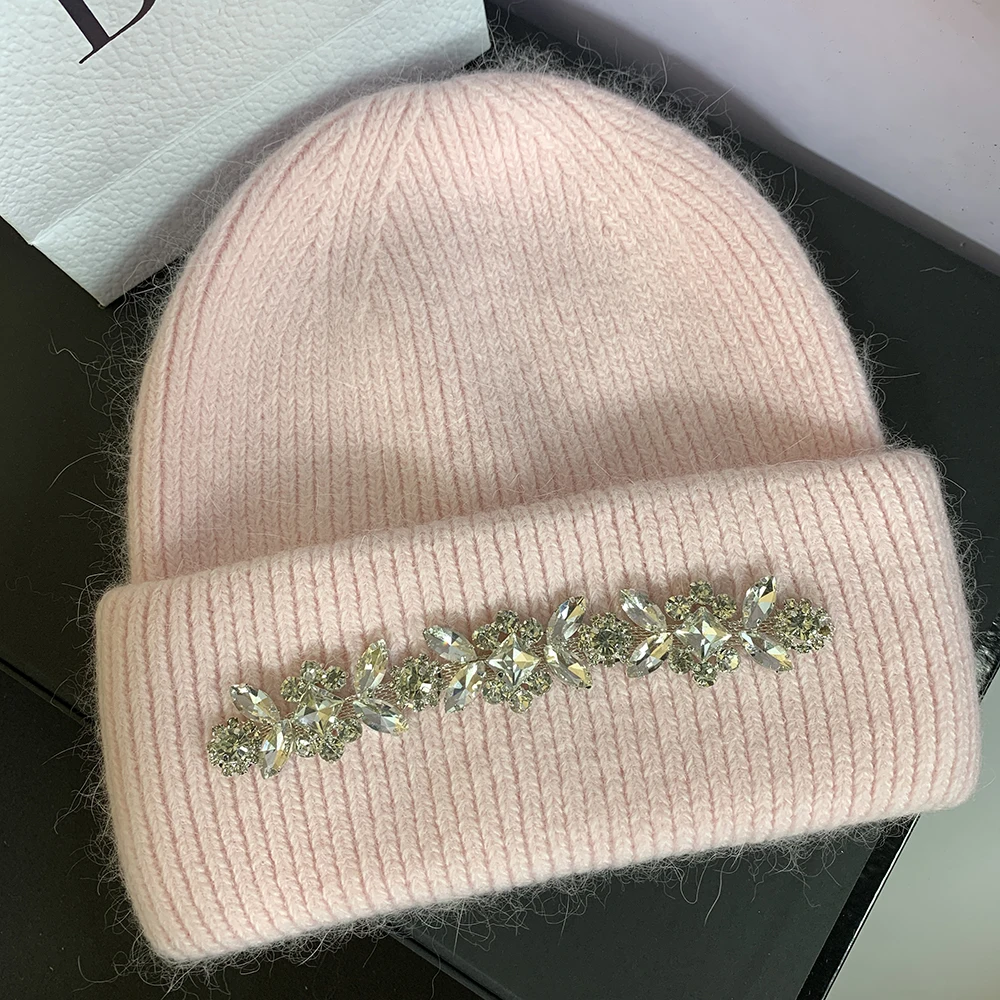 Real Rabbit Fur Knitted Hats for Women Winter Warm Beanie Luxury Rhinestones Bonnet Lady Outdoor Skiing Skullies Beanies Caps