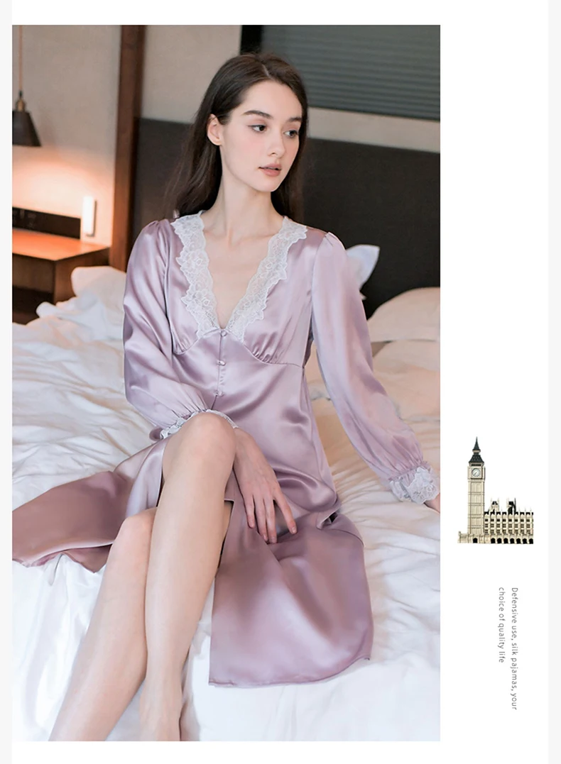 Women\'s Silk Nightgown 100% Real Mulberry Silk Sleepwear V-Neck Long Sleeve Long Nightdress Sexy Lace Decor Silk Night Dress