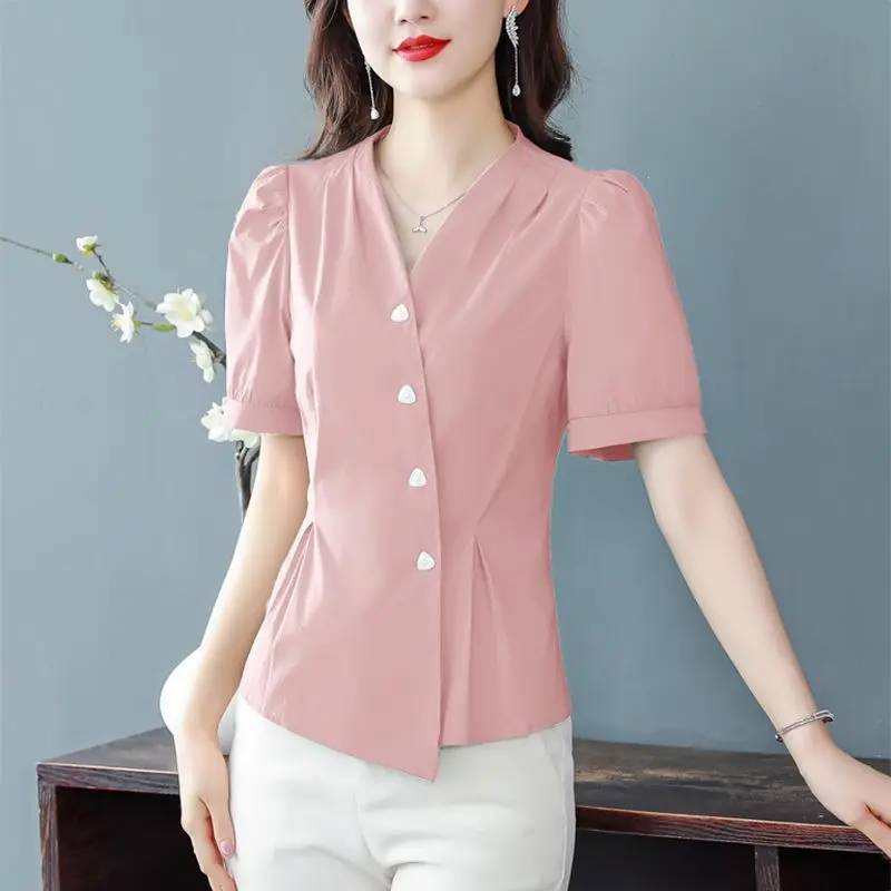 Women\'s Clothing Stylish Pleated Blouse Commute Solid Color Waist Summer Short Sleeve Elegant V-Neck Chic Single-breasted Shirt