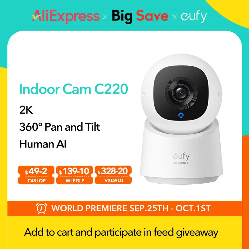 eufy Security Indoor Cam C220 2K Resolution Security Camera with 360° PTZ Plug-In Security Indoor Camera with Wi-Fi Human