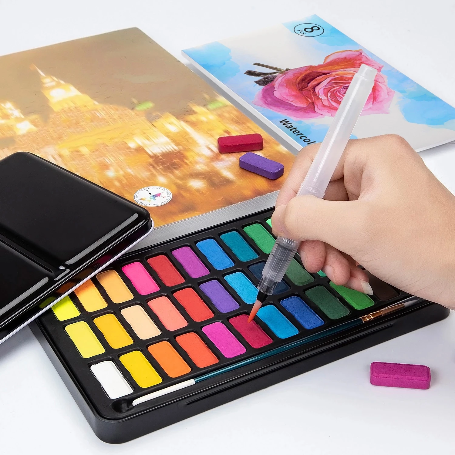 caixa de metal portatil com escova de aquarela conjunto de pintura solida escola infantil suprimentos de arte profissional 18 cores 24 cores 36 cores 01