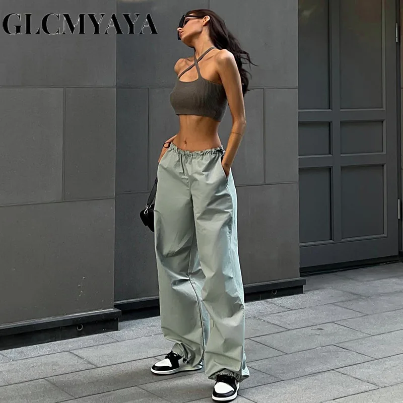 

GLCMYAYA Women Streetwear Draw String Girdling LOOSE Pockets Solid Casual Cargo Pants 2023 Fashion Simple Basics Sporty Pants