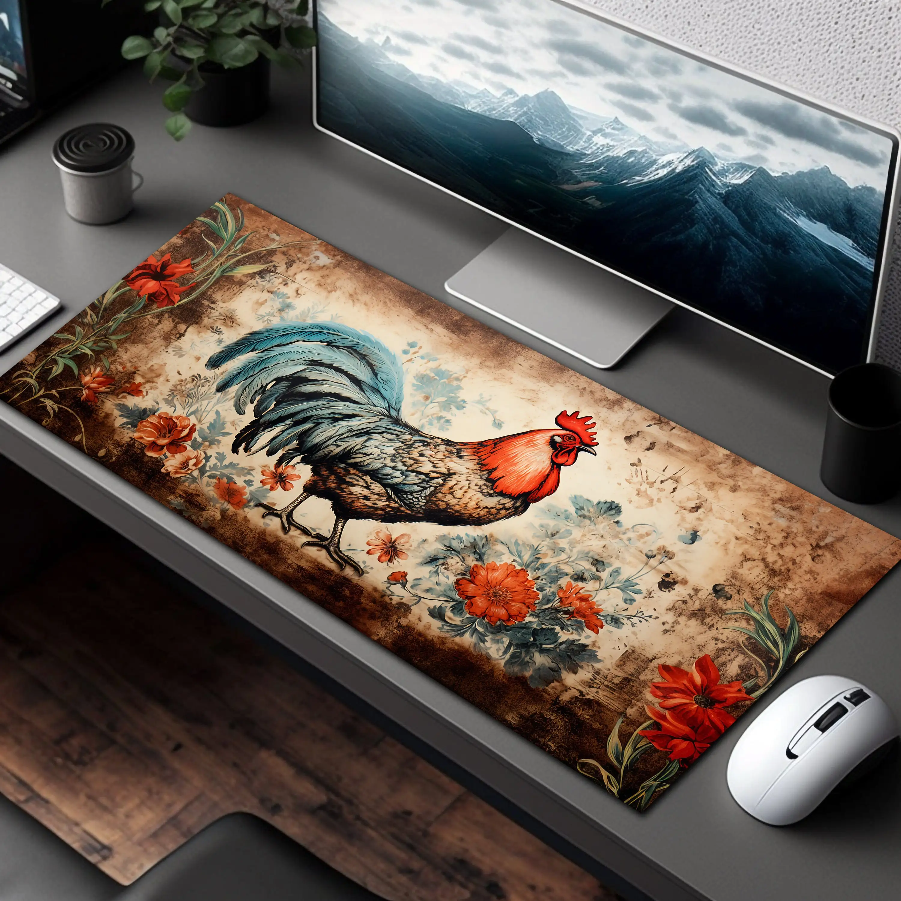 Rooster Art Desktop Decoration, Beautiful Natural Desktop Decor, Teacher Gift, Gaming Mouse Pad, Perfect Gift for Friends.