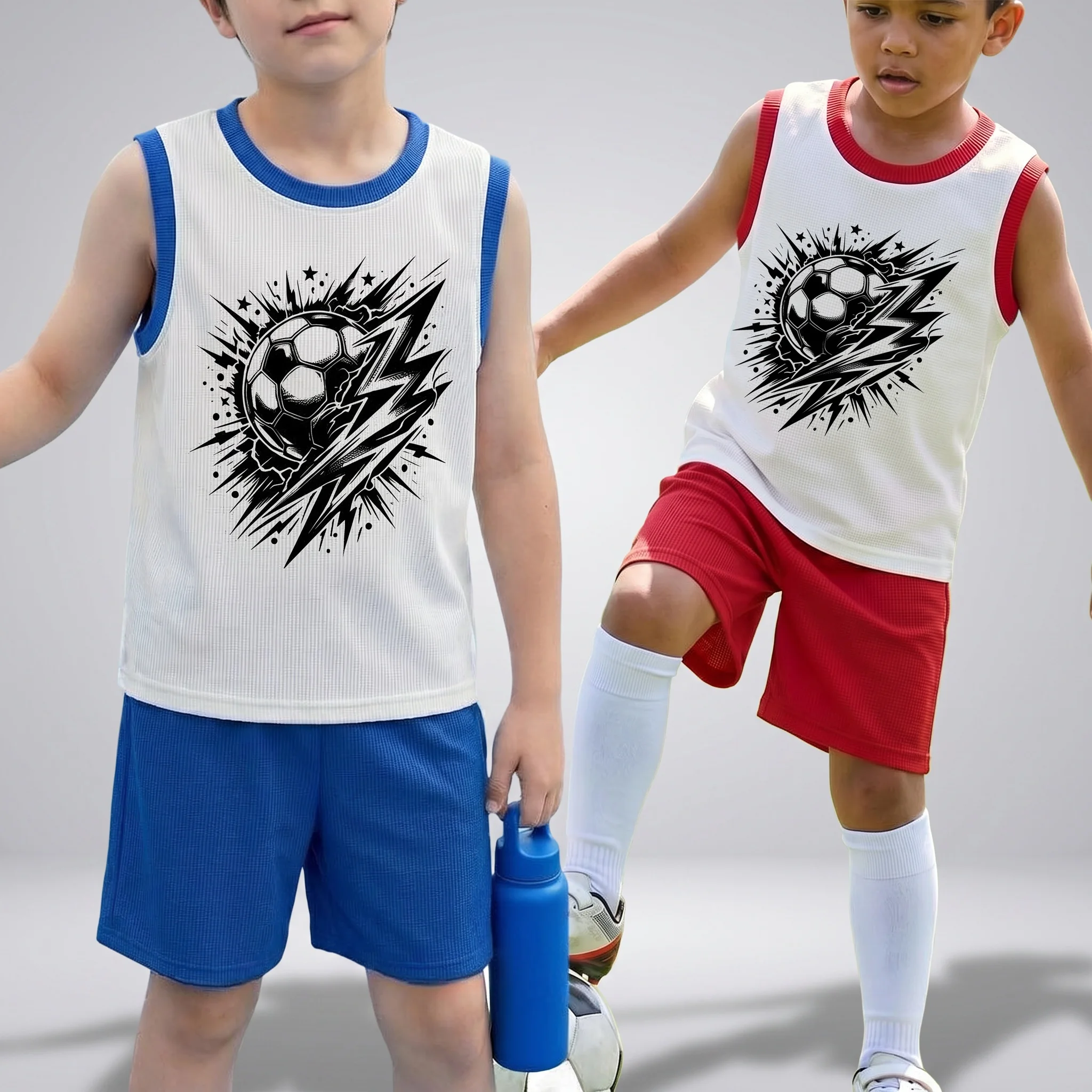 (1-12YEARS) Boys Sport Vest Set Football Printed Children Breathable Fashion Outfits Kids Sleeveless Top Shorts 2pcs Suit Summer