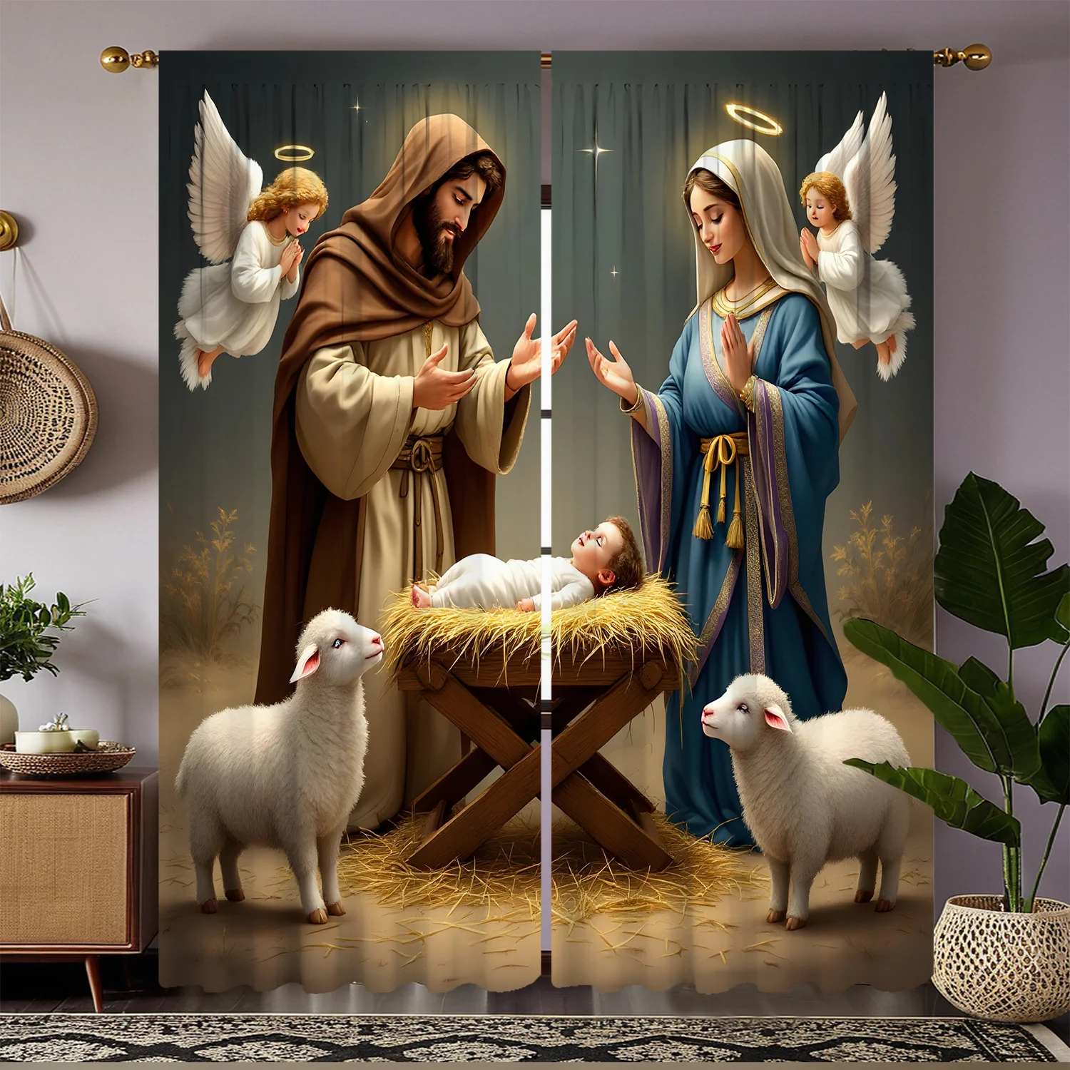 Religious Nativity with Mary Joseph and Baby Jesus Curtains Angel Sheep Design Elegant Living Room Decor Window Treatment