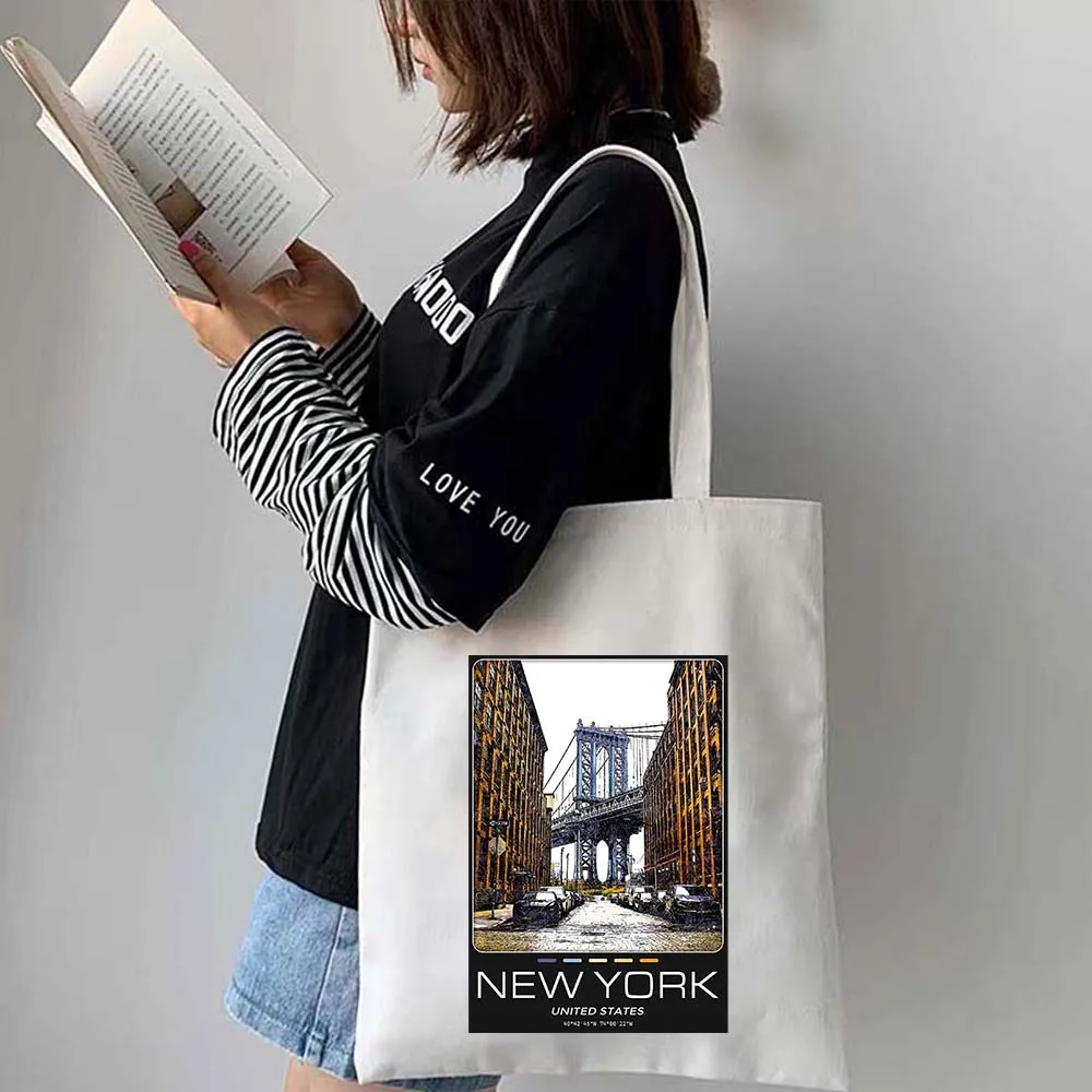 London New York Paris Seoul Sydney Toronto Los Angeles Hand Draw Watercolor Ink Painting Shoulder Canvas Tote Bag Cotton Handbag