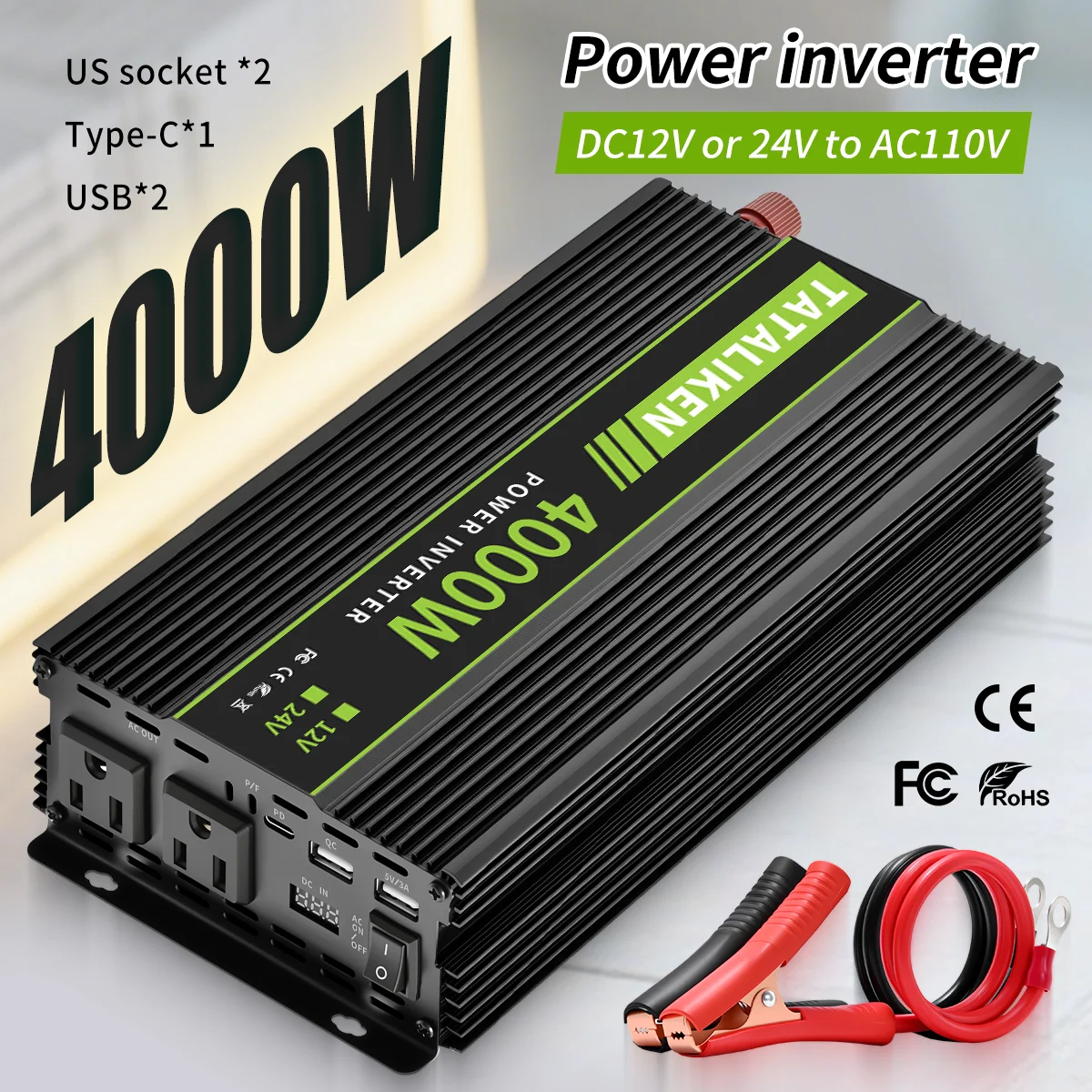 

Инвертор постоянного тока 12 В/24 В в переменный ток 110 В 60 Гц, модифицированный волновой инвертор, 4000 Вт, автомобильный преобразователь солнечной энергии, стандартная розетка США