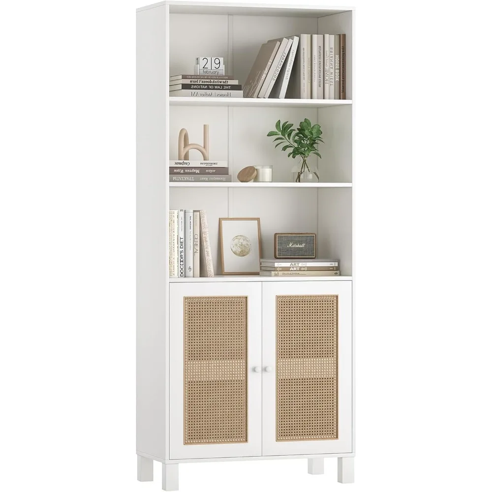 

Tall Bookcase with Rattan Doors,5 Tier Storage Wood Shelves Large Bookshelf for Library Living Room Bedroom Home Office,White
