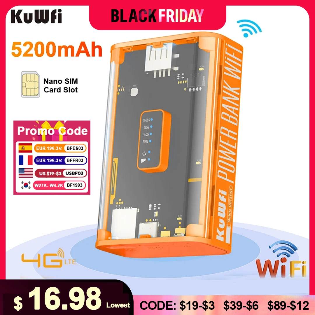 KuWFi 5200mAh 4G LTE Router Proteble Mobile Travel Router 150Mbps Wireless Wi-Fi Hotspot USB Output TypeC Charging SIM Card Slot