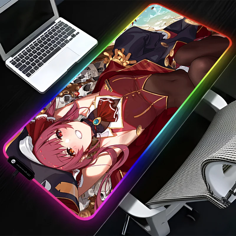 H-hololive Houshou Marine RGB LED Mouse Pad Rubber Mousepad Computer Desk Accessories Mouse Mat Keyboard Pad Non Slip Desk Mat