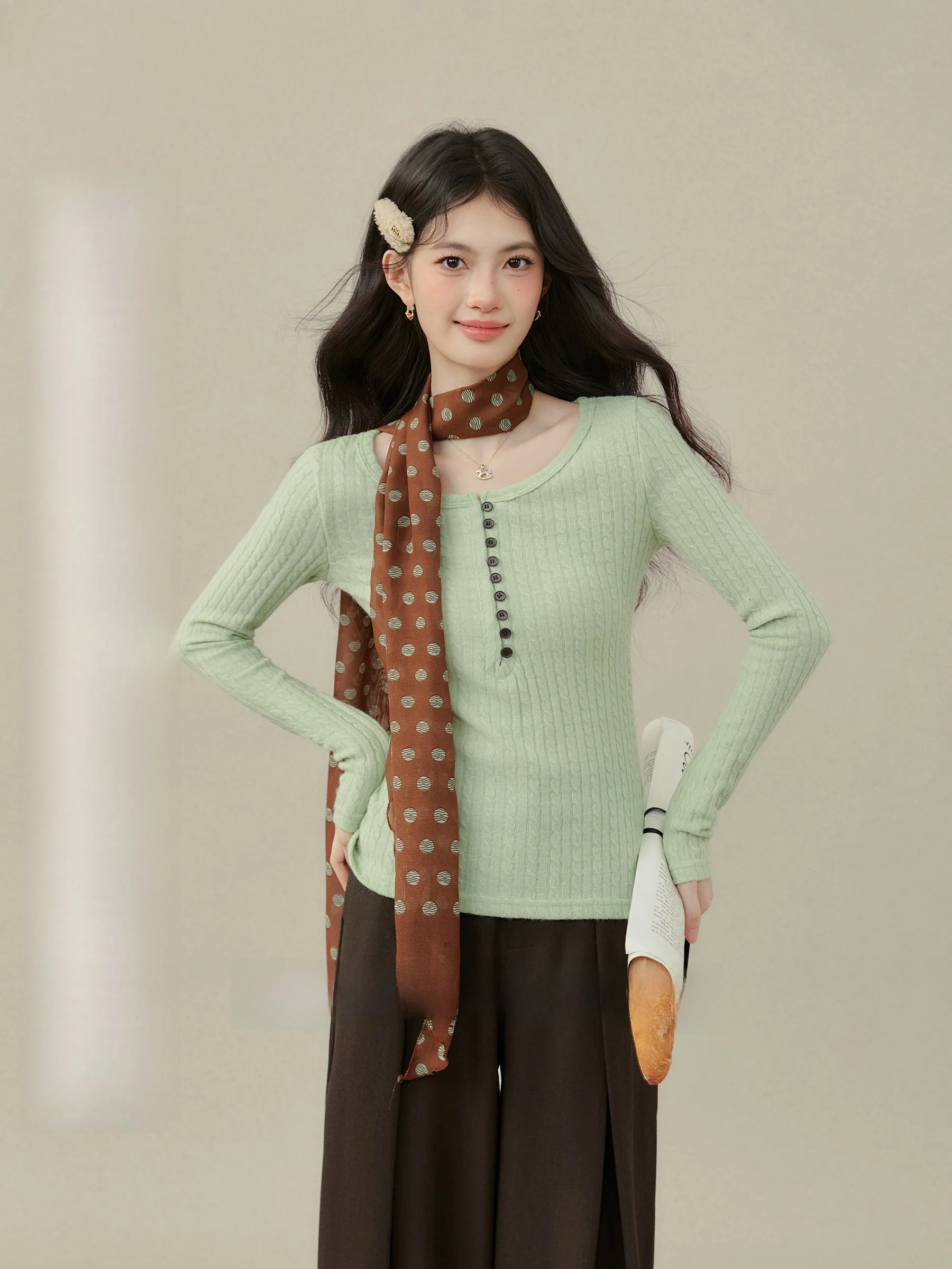 

Slim Fit Button up f Open Collar T-irt for plus Size Women Oxygen Warm Winter Mint een Inner Wear Top by Wang Xue