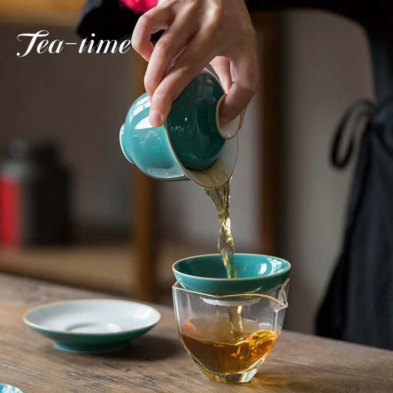 160ml Handmade Turquoise Green Glaze Tea Tureen Jingdezhen Ceramic Large Hand Grab Bow with Lid Tea Maker Gaiwan Kung Fu Tea Set