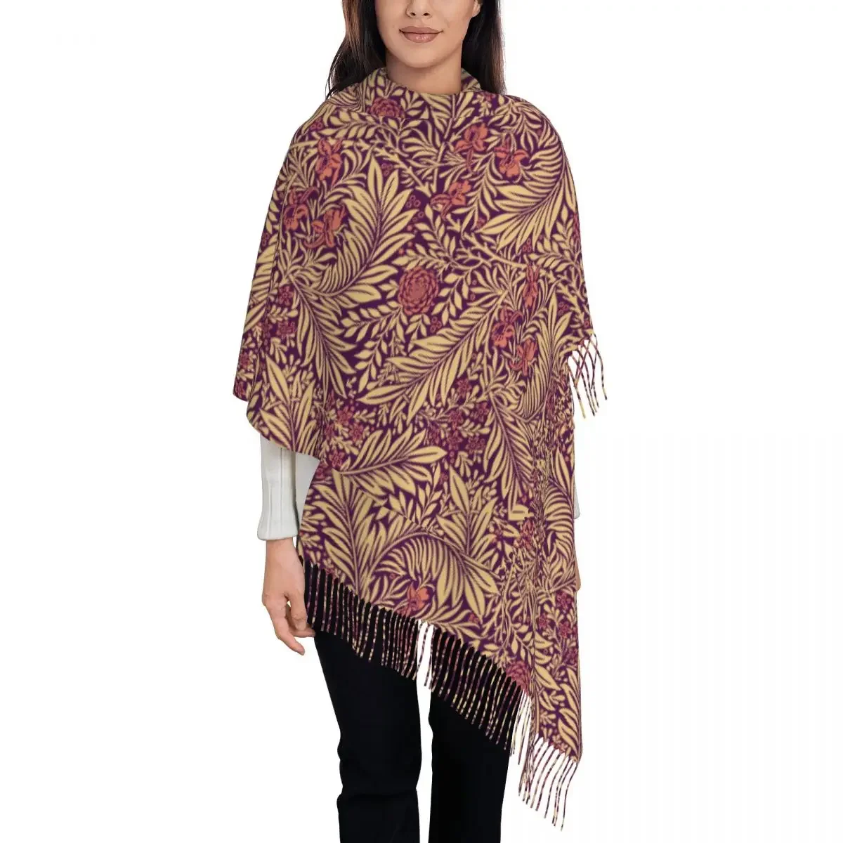 William Morris Antique Scarf for Women Warm Winter Pashmina Shawls and Wrap Red Large Scarves with Tassel Ladies