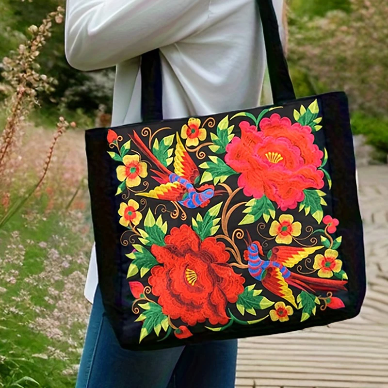 New Ethnic Style Women's Tote Bag Embroidered Flowers Ladies Canvas Shoulder Bag Casual Large Capacity Girls Handbag 2024